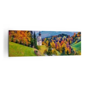 Quadro su tela - Stampe su Tela - Paesaggio montano autunnale con cappella e tramonto - 160x50cm - Un paesaggio come dipinto - Decorazione murale moderna per soggiorno e camera da letto ARTTOR