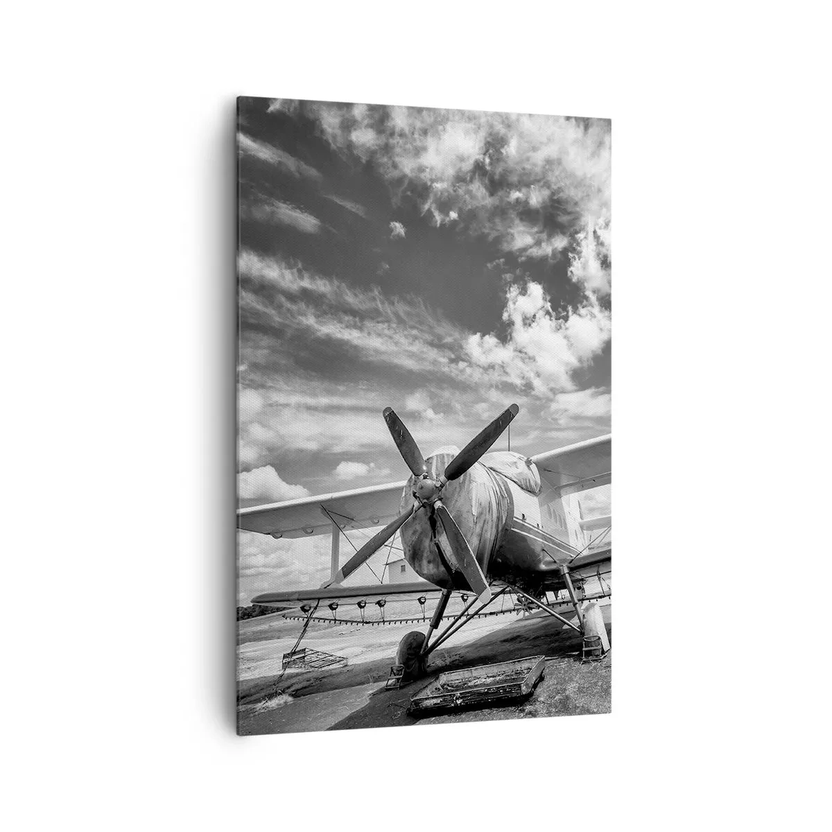 Quadro su tela - Stampe su Tela - Un vecchio aereo all'aeroporto in bianco e nero - 80x120cm - Non vedo l'ora! - Decorazione murale moderna per soggiorno e camera da letto ARTTOR