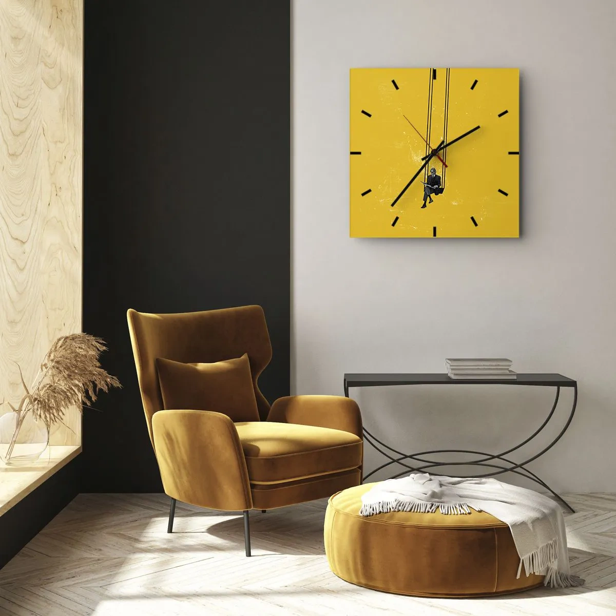Orologio da parete - Orologio in Vetro - Una persona su un'altalena su uno sfondo di un giallo intenso - 30x30cm - Un giorno come tanti - Decorazione murale moderna per soggiorno e camera da letto ARTTOR
