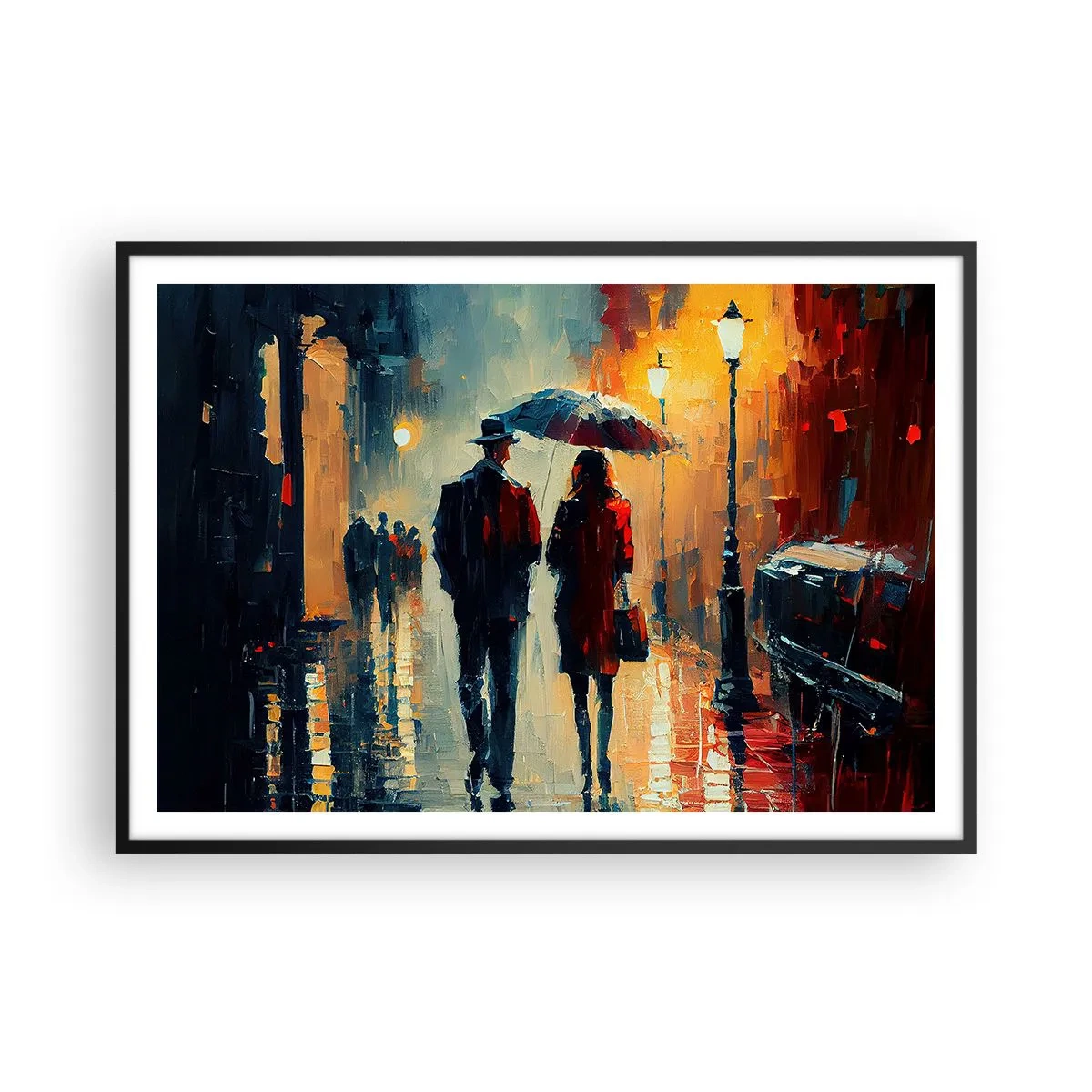 Poster in cornice nera - Camminare sotto la pioggia sotto un ombrello in città di notte - 100x70cm - Love story cittadina - Decorazione murale moderna per soggiorno e camera da letto ARTTOR