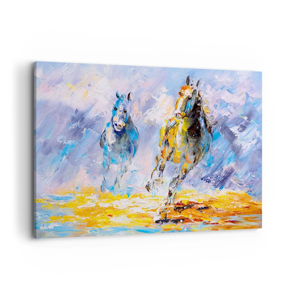 Quadro su tela - Stampe su Tela - Due cavalli in movimento sullo sfondo di un paesaggio astratto - 100x70cm - Al galoppo nella luce - Decorazione murale moderna per soggiorno e camera da letto ARTTOR