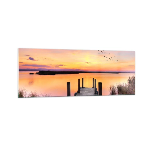 Quadro su vetro - Un molo su un lago al tramonto con uccelli nel cielo - 140x50cm - Alba viola e silenziosa - Decorazione murale moderna per soggiorno e camera da letto ARTTOR