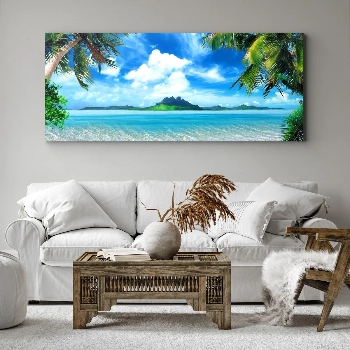 Quadro su tela - Stampe su Tela - Spiaggia tropicale con palme e vista sull'isola - 160x50cm - L'azzurro dei tropici - Decorazione murale moderna per soggiorno e camera da letto ARTTOR