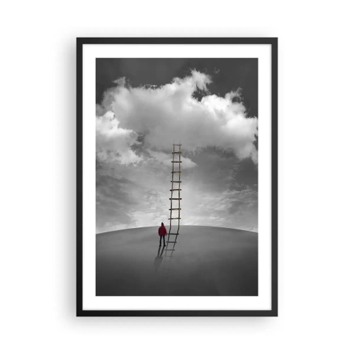 Poster in cornice nera - Un uomo in piedi vicino a una scala che porta alle nuvole - 50x70cm - Tutto è possibile - Decorazione murale moderna per soggiorno e camera da letto ARTTOR