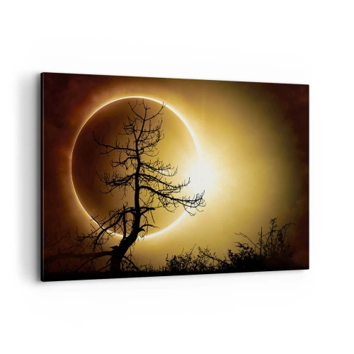 Quadro su tela - Stampe su Tela - Eclissi solare con la sagoma di un albero in primo piano - 120x80cm - Eclissi totale - Decorazione murale moderna per soggiorno e camera da letto ARTTOR
