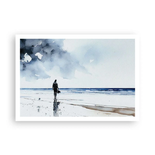 Poster - Una figura su una spiaggia in un ambiente marino calmo - 100x70cm - Dialogo con il mare - Decorazione murale moderna per soggiorno e camera da letto ARTTOR