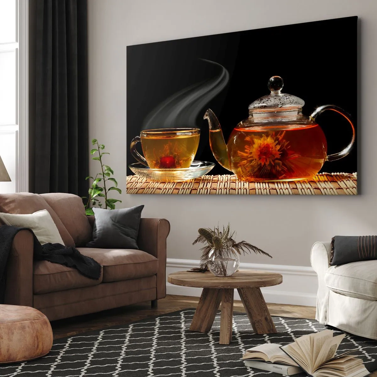 Quadro su tela - Stampe su Tela - Teiera di vetro con tè ai fiori e una tazza - 120x80cm - La magia e l'arte del tè - Decorazione murale moderna per soggiorno e camera da letto ARTTOR