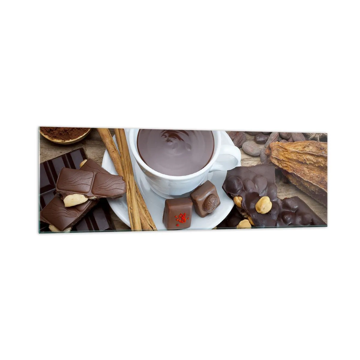 Quadro su vetro - Una tazza di cioccolata calda circondata da ingredienti per dessert - 160x50cm - Dalla fantastica fabbrica di cioccolato - Decorazione murale moderna per soggiorno e camera da letto ARTTOR