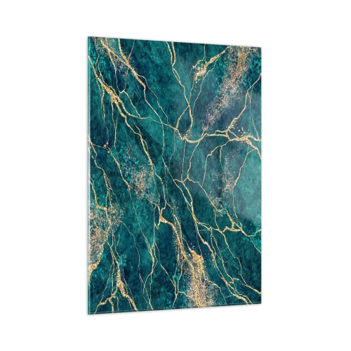 Quadro su vetro - Pietra marmorizzata con venature dorate, sfumature verde acqua e verde - 50x70cm - La vena d'oro - Decorazione murale moderna per soggiorno e camera da letto ARTTOR