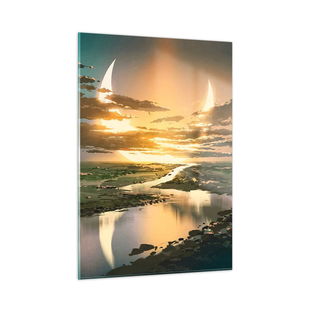 Quadro su vetro - Un paesaggio fantastico con una doppia luna sul fiume - 50x70cm - Da qualche parte in una galassia lontana - Decorazione murale moderna per soggiorno e camera da letto ARTTOR