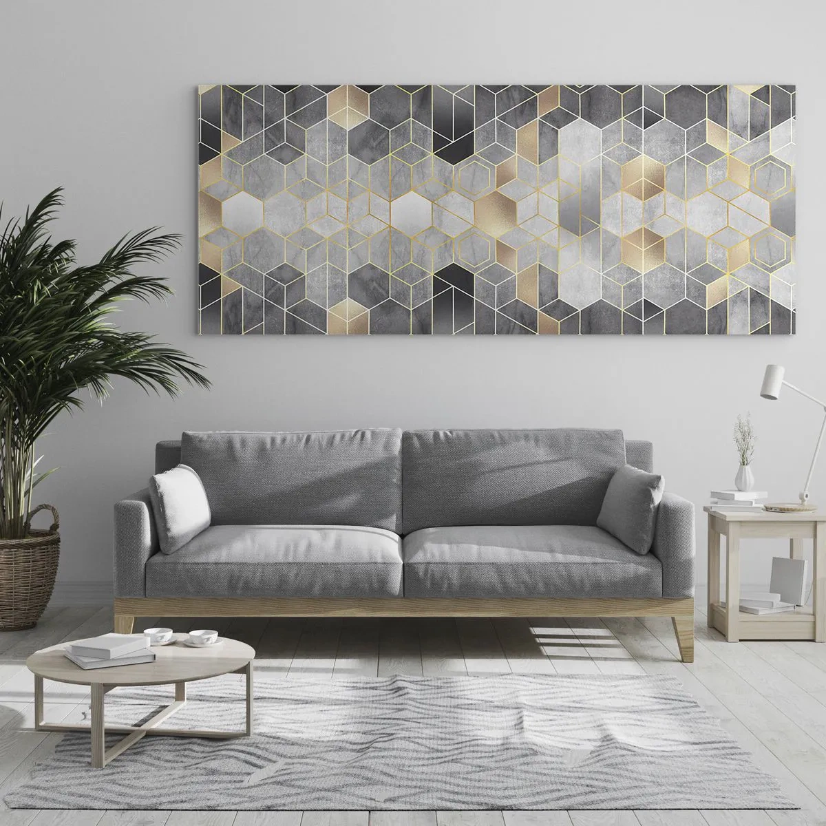 Quadro su vetro - Motivo geometrico in tonalità dorate - 160x50cm - Composizione di diamante - Decorazione murale moderna per soggiorno e camera da letto ARTTOR
