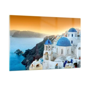 Quadro su vetro - Vista di Santorini con le sue cupole blu e le scogliere - 120x80cm - Santorini: aggrappate alle rocce - Decorazione murale moderna per soggiorno e camera da letto ARTTOR