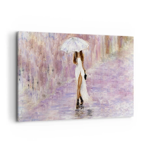 Quadro su tela - Stampe su Tela - Una donna con un ombrello che cammina sotto la pioggia nei toni del lilla - 120x80cm - Nella pioggia lilla - Decorazione murale moderna per soggiorno e camera da letto ARTTOR