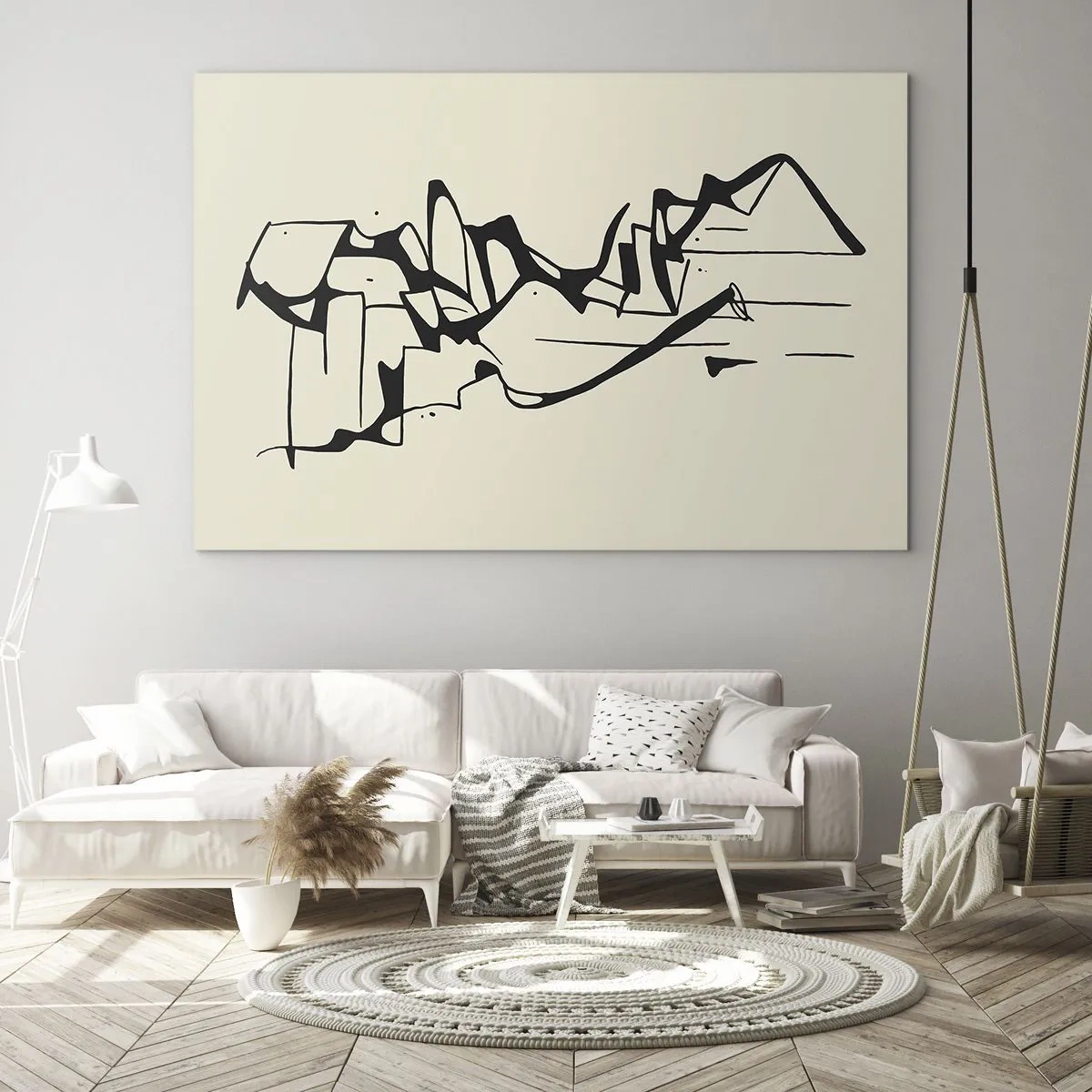 Quadro su vetro - Linea astratta in bianco e nero che forma il contorno di un paesaggio - 70x50cm - Forse è un paesaggio - Decorazione murale moderna per soggiorno e camera da letto ARTTOR