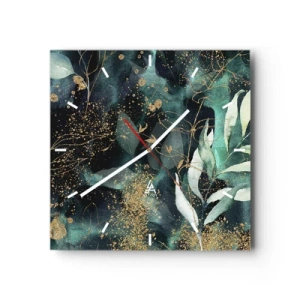 Orologio da parete - Orologio in Vetro - Eleganti foglie su sfondo scuro con accenti dorati - 30x30cm - Il giardino incantato - Decorazione murale moderna per soggiorno e camera da letto ARTTOR
