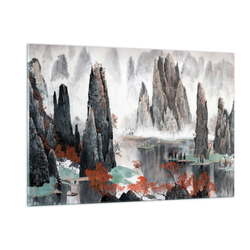 Quadro su vetro - Un pittoresco paesaggio montano con cime nebbiose e alberi rossi - 120x80cm - Protettori potenti - Decorazione murale moderna per soggiorno e camera da letto ARTTOR