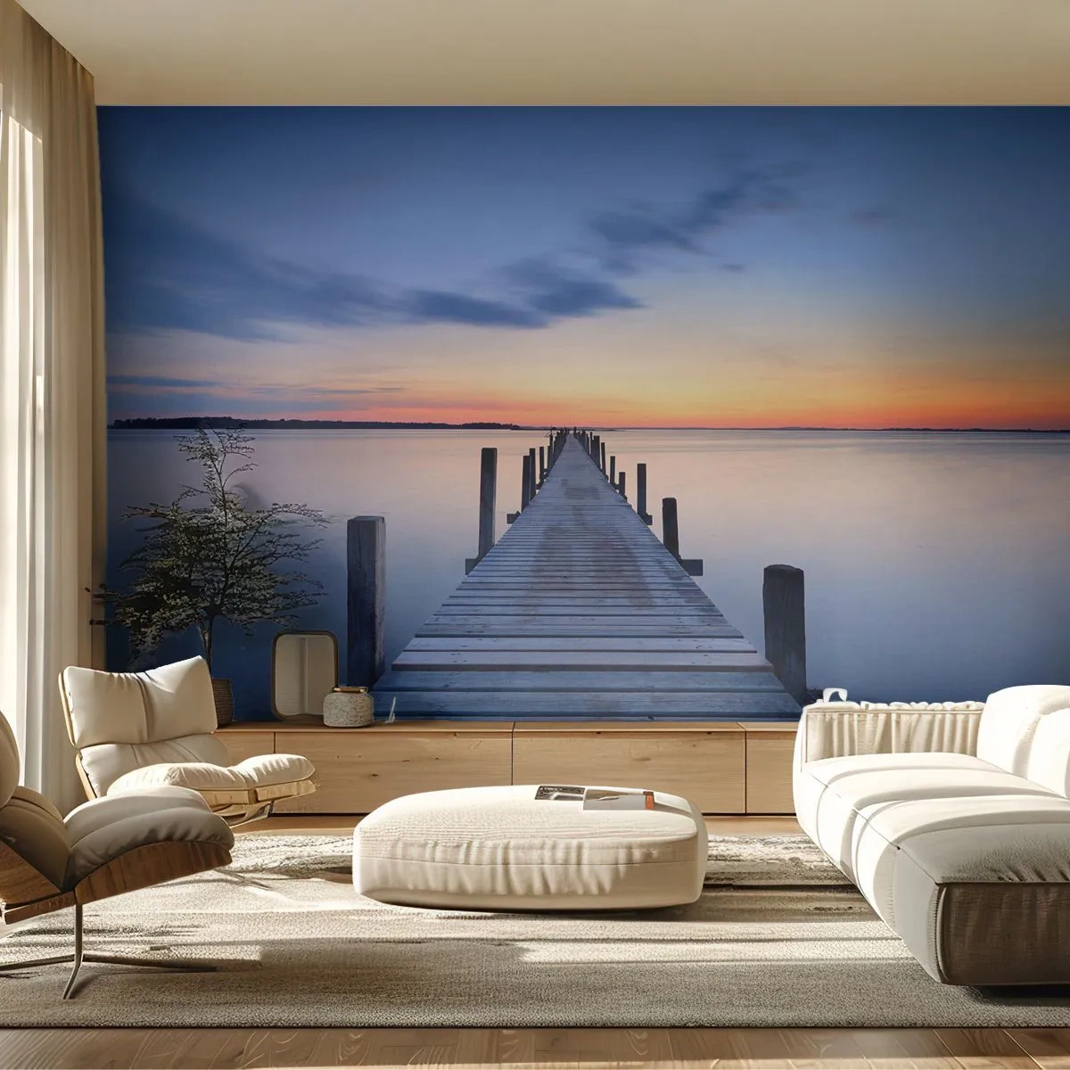 Fotomurali Autoadesivo Deluxe Sticker - La calma di un dolce tramonto - Paesaggio, Baia, Ponte di Legno - 100x70 cm