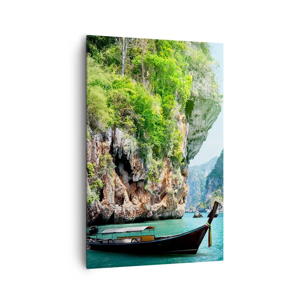 Quadro su tela - Stampe su Tela - Una barca tradizionale sullo sfondo di scogliere tropicali e acque turchesi - 80x120cm - Invito a un viaggio esotico - Decorazione murale moderna per soggiorno e camera da letto ARTTOR