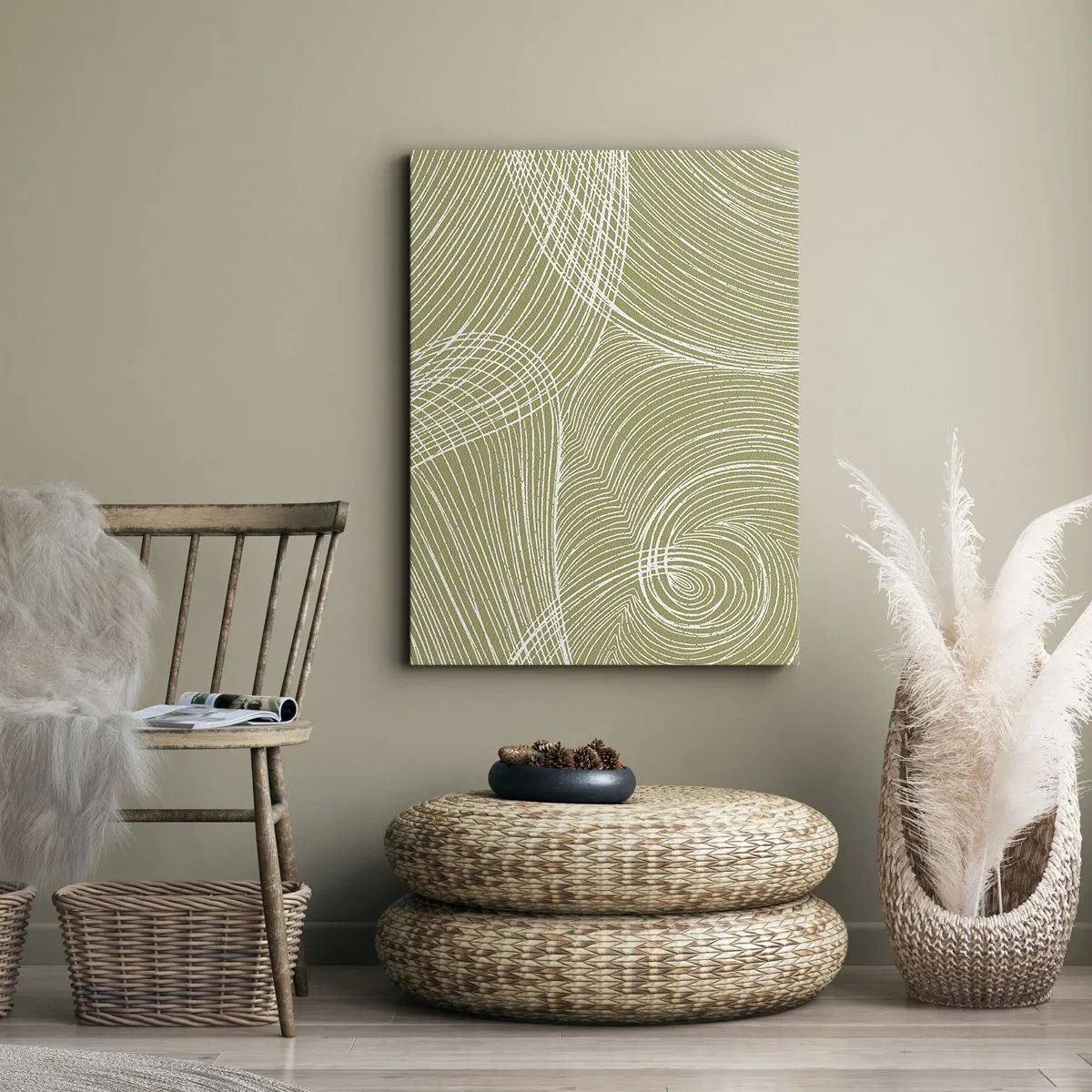 Quadro su tela - Stampe su Tela - Linee verdi e bianche in una composizione astratta - 50x70cm - Astrazione intricata in bianco - Decorazione murale moderna per soggiorno e camera da letto ARTTOR