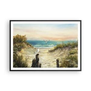 Poster in cornice nera - Costa con gabbiani e dune al tramonto - 100x70cm - Silenzio senza vento - Decorazione murale moderna per soggiorno e camera da letto ARTTOR
