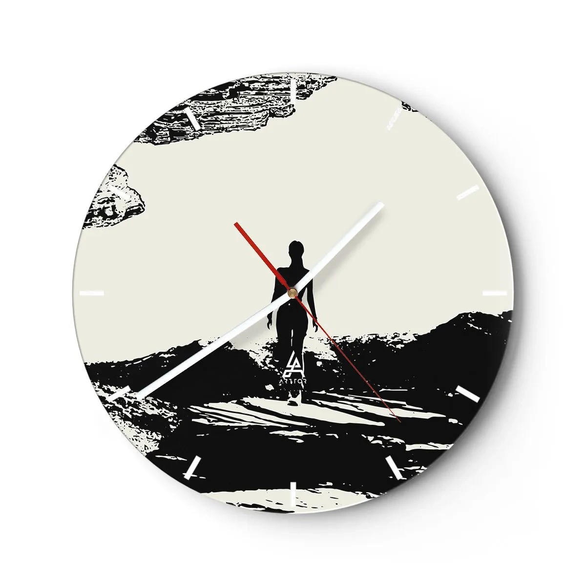 Orologio da parete - Orologio in Vetro - Silhouette in bianco e nero di una donna contro un paesaggio roccioso - 30x30cm - Un nuovo sguardo - Decorazione murale moderna per soggiorno, cucina e camera da letto ARTTOR