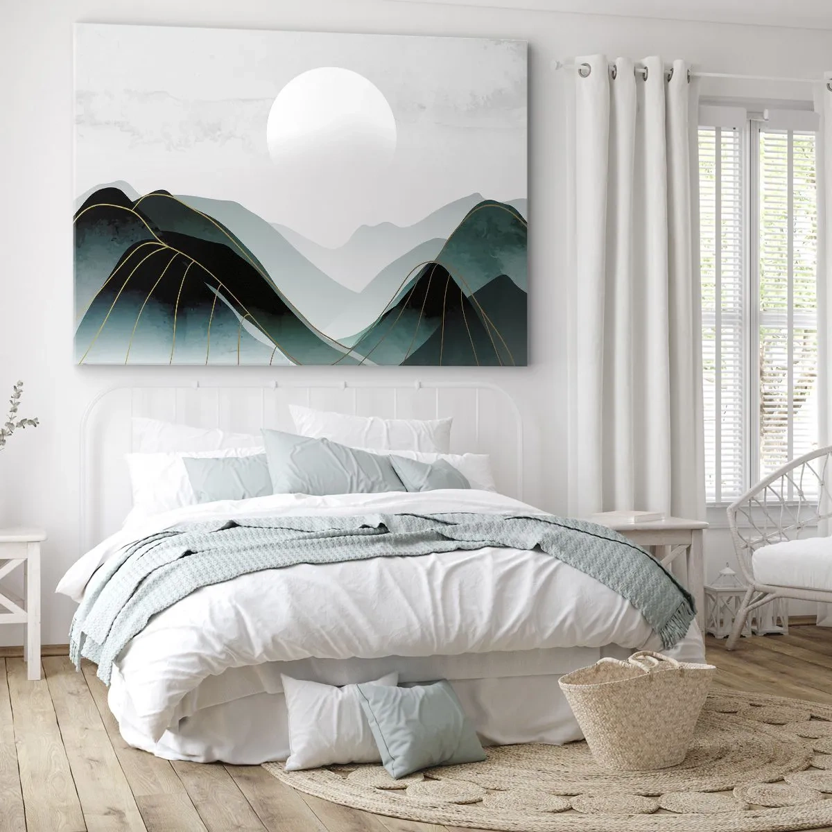 Quadro su tela - Stampe su Tela - Paesaggio montano astratto con la luna e linee dorate - 120x80cm - In tutta la maestà - Decorazione murale moderna per soggiorno e camera da letto ARTTOR