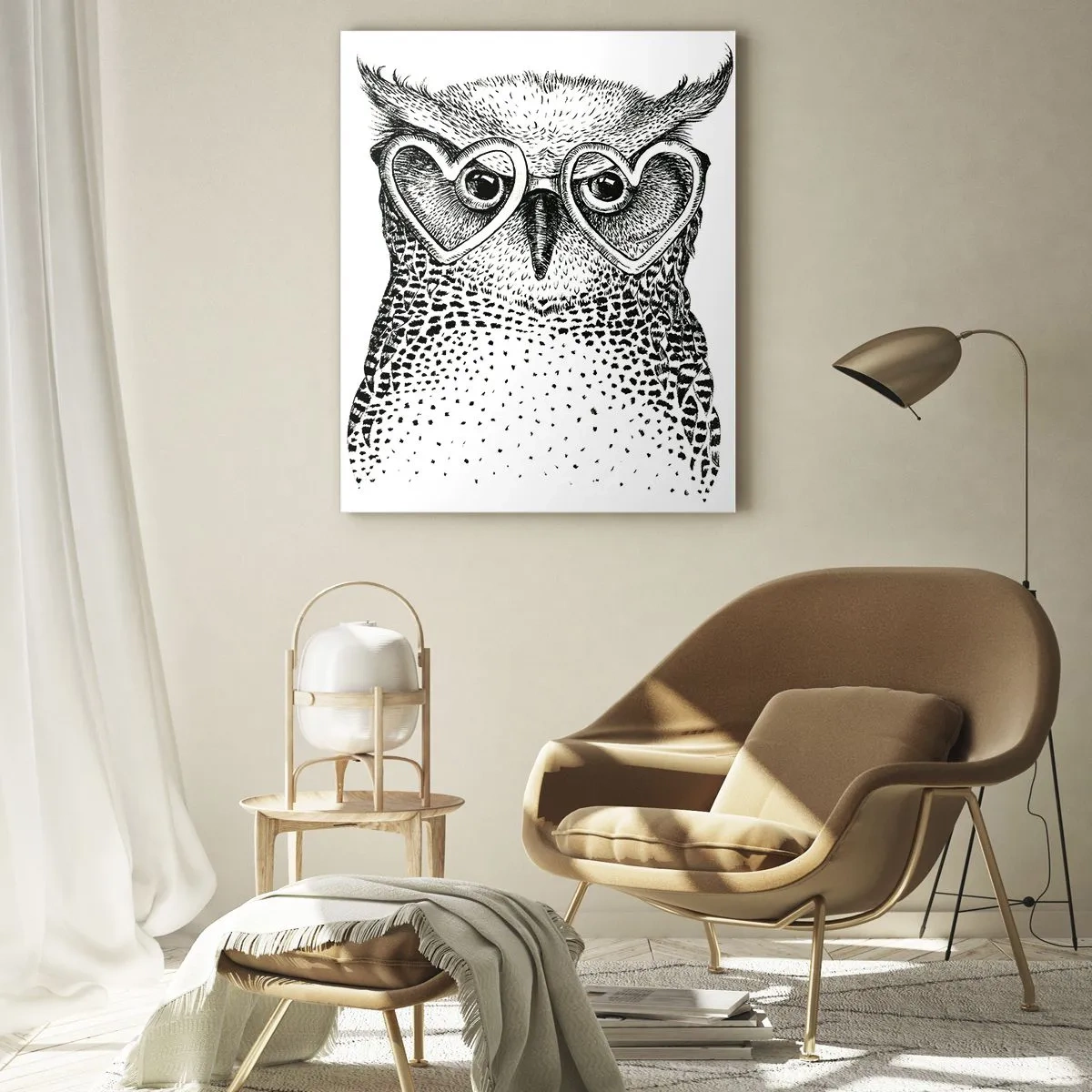 Quadro su vetro - Illustrazione di un gufo che indossa occhiali a forma di cuore - 50x70cm - Saggiamente e con amore - Decorazione murale moderna per soggiorno e camera da letto ARTTOR