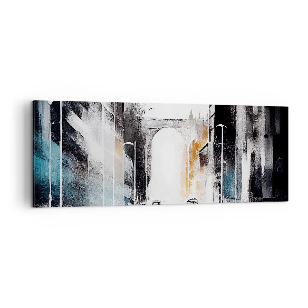 Quadro su tela - Stampe su Tela - Panorama astratto della città con un ponte ad arco - 140x50cm - Studio di città: architettura e movimento - Decorazione murale moderna per soggiorno e camera da letto ARTTOR