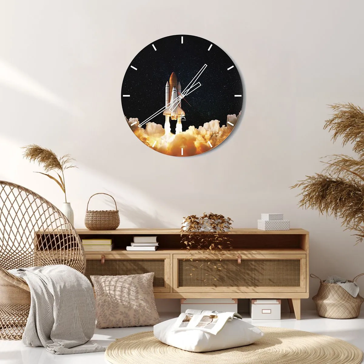 Orologio da parete - Orologio in Vetro - Il lancio di un razzo spaziale sullo sfondo di un cielo stellato - 30x30cm - Ad astra! - Decorazione murale moderna per soggiorno, cucina e camera da letto ARTTOR