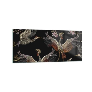 Quadro su vetro - Gru e fiori eleganti su sfondo nero - 120x50cm - Uccello fantastico - Decorazione murale moderna per soggiorno e camera da letto ARTTOR
