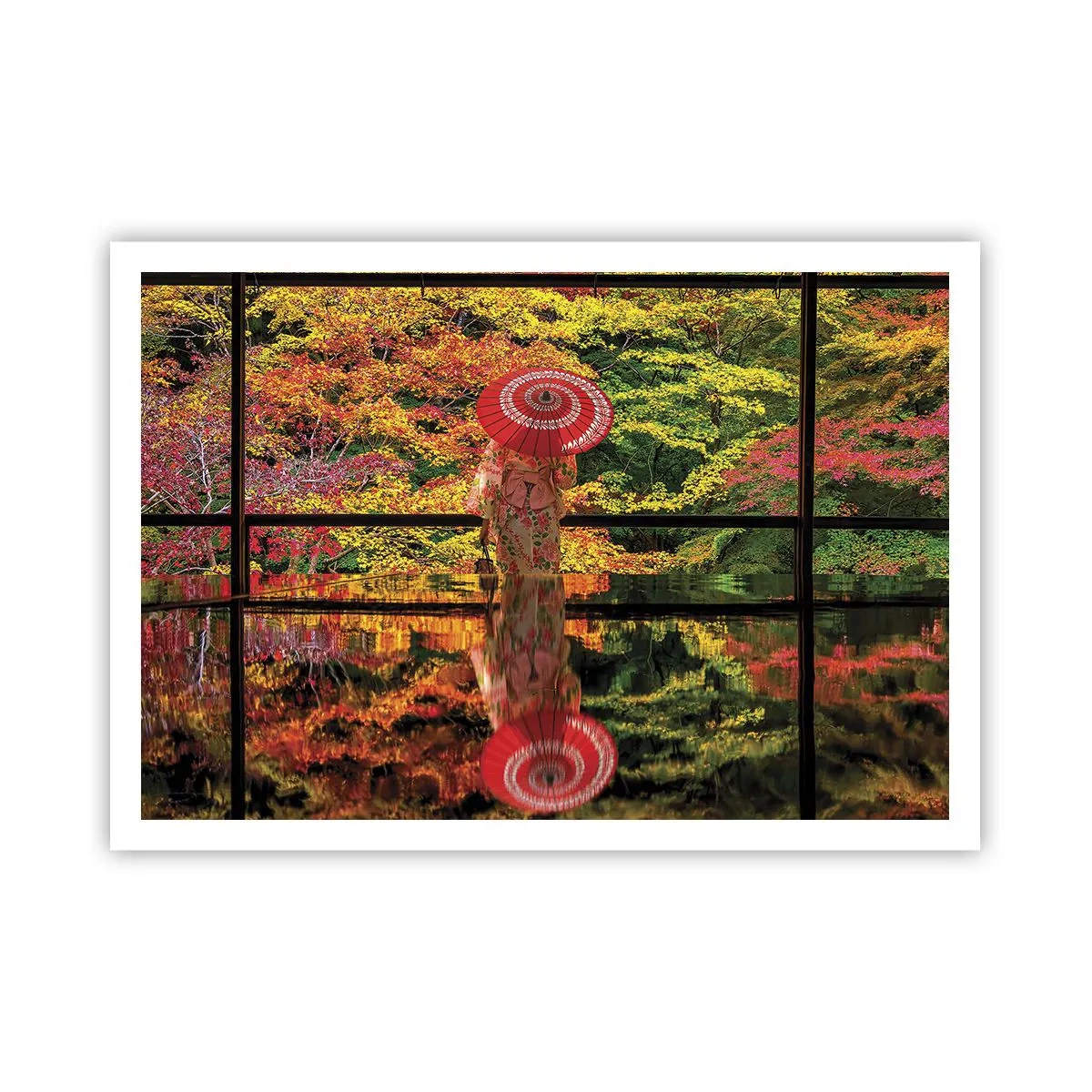 Poster - Una donna in kimono con un ombrello sullo sfondo di un paesaggio autunnale. - 100x70cm - Nel tempio della natura - Decorazione murale moderna per soggiorno e camera da letto ARTTOR