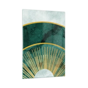 Quadro su vetro - Motivo astratto con cerchi nei colori smeraldo e oro. - 80x120cm - Un altro sistema solare - Decorazione murale moderna per soggiorno e camera da letto ARTTOR