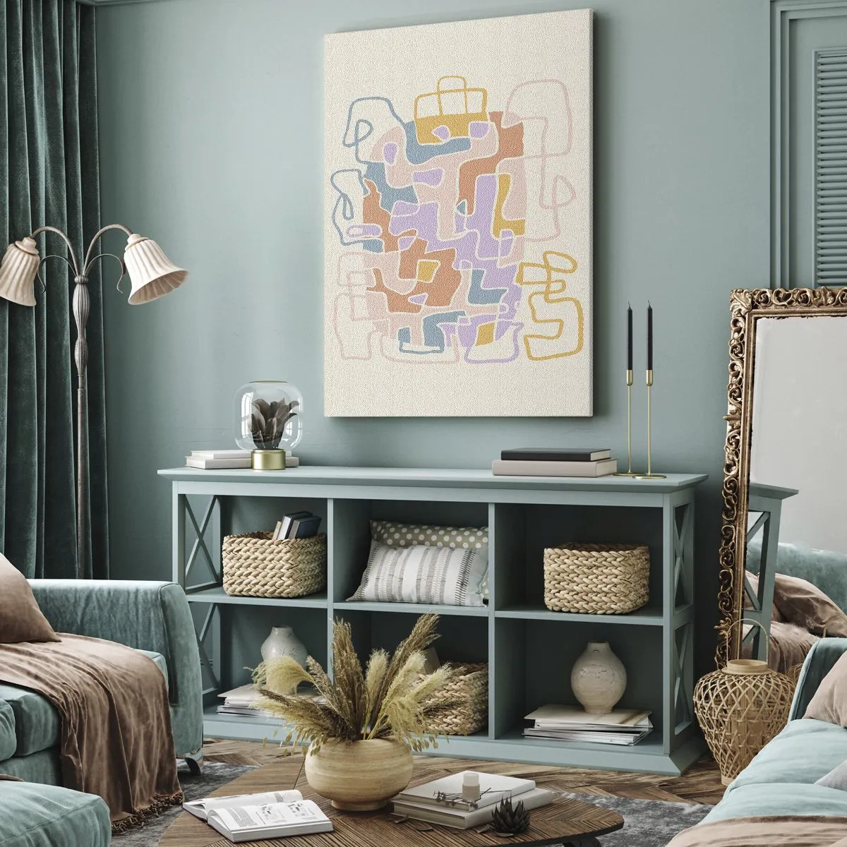 Quadro su tela - Stampe su Tela - Linee astratte pastello che creano motivi geometrici - 50x70cm - Labirinto: avventura gioiosa - Decorazione murale moderna per soggiorno e camera da letto ARTTOR