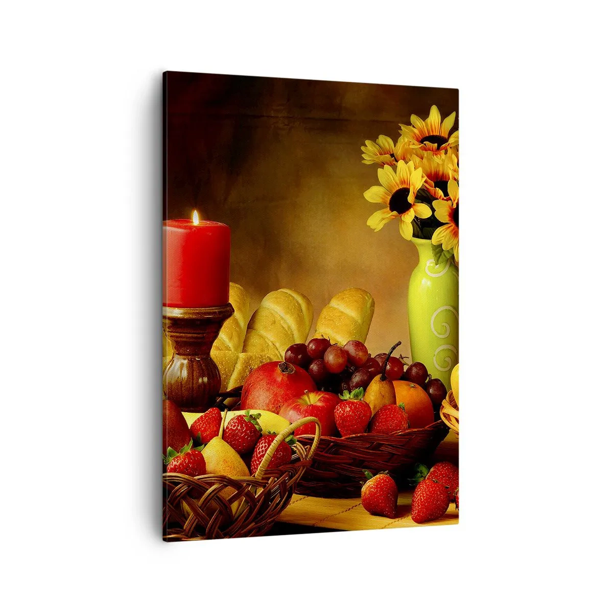 Quadro su tela - Stampe su Tela - Natura morta con frutta, pane, candela e fiori - 50x70cm - Natura morta con pane e frutta - Decorazione murale moderna per soggiorno e camera da letto ARTTOR