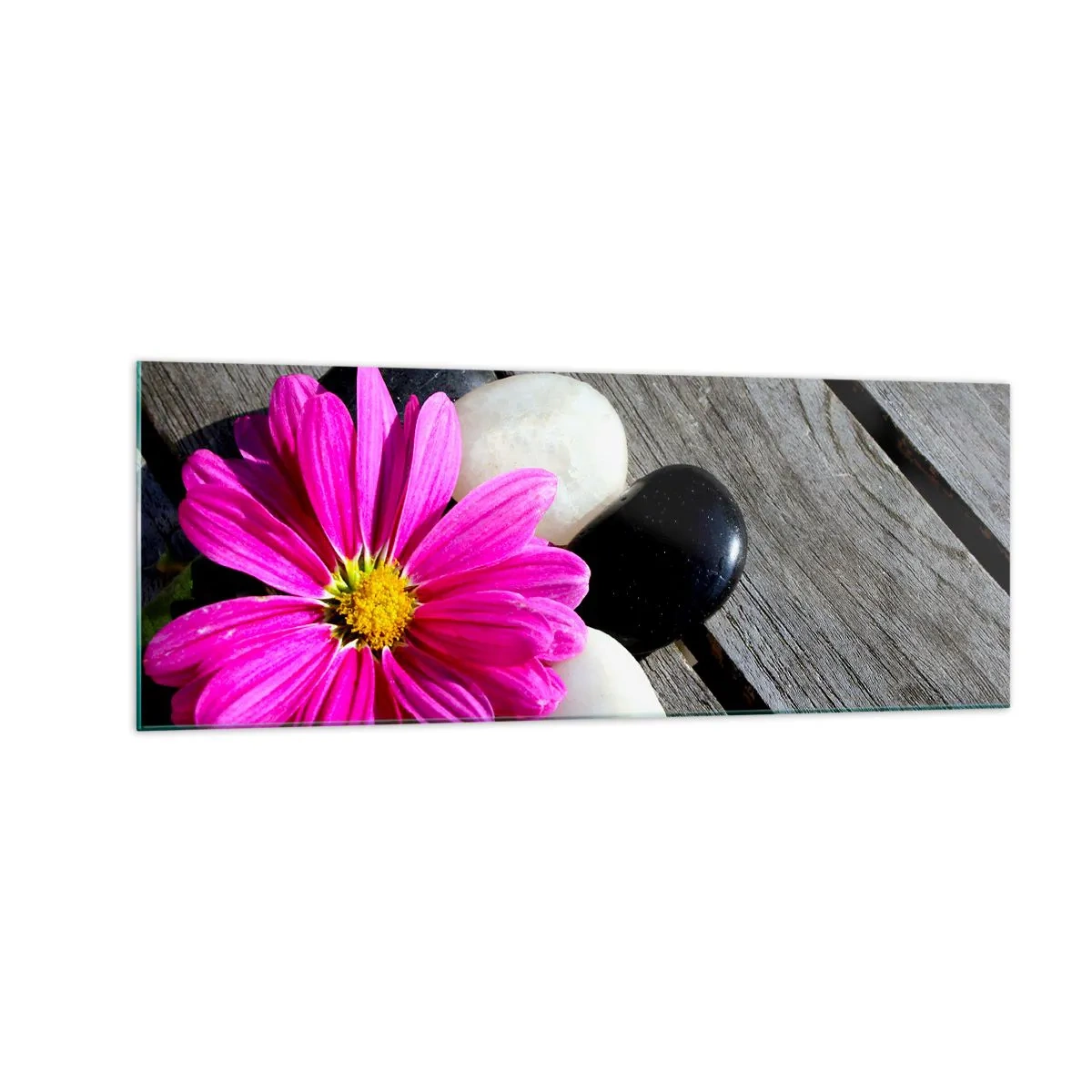 Quadro su vetro - Fiore rosa su uno sfondo di assi di legno con pietre - 140x50cm - Riposo sul molo - Decorazione murale moderna per soggiorno e camera da letto ARTTOR