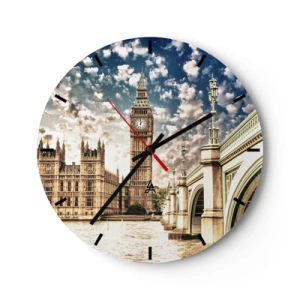 Orologio da parete - Orologio in Vetro - Il Big Ben e il ponte sul Tamigi a Londra in una giornata di sole - 30x30cm - Cirri sul Tamigi - Decorazione murale moderna per soggiorno, cucina e camera da letto ARTTOR