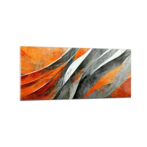 Quadro su vetro - Linee astratte nei toni dell'arancione e del grigio - 120x50cm - Caldo e freddo - Decorazione murale moderna per soggiorno e camera da letto ARTTOR