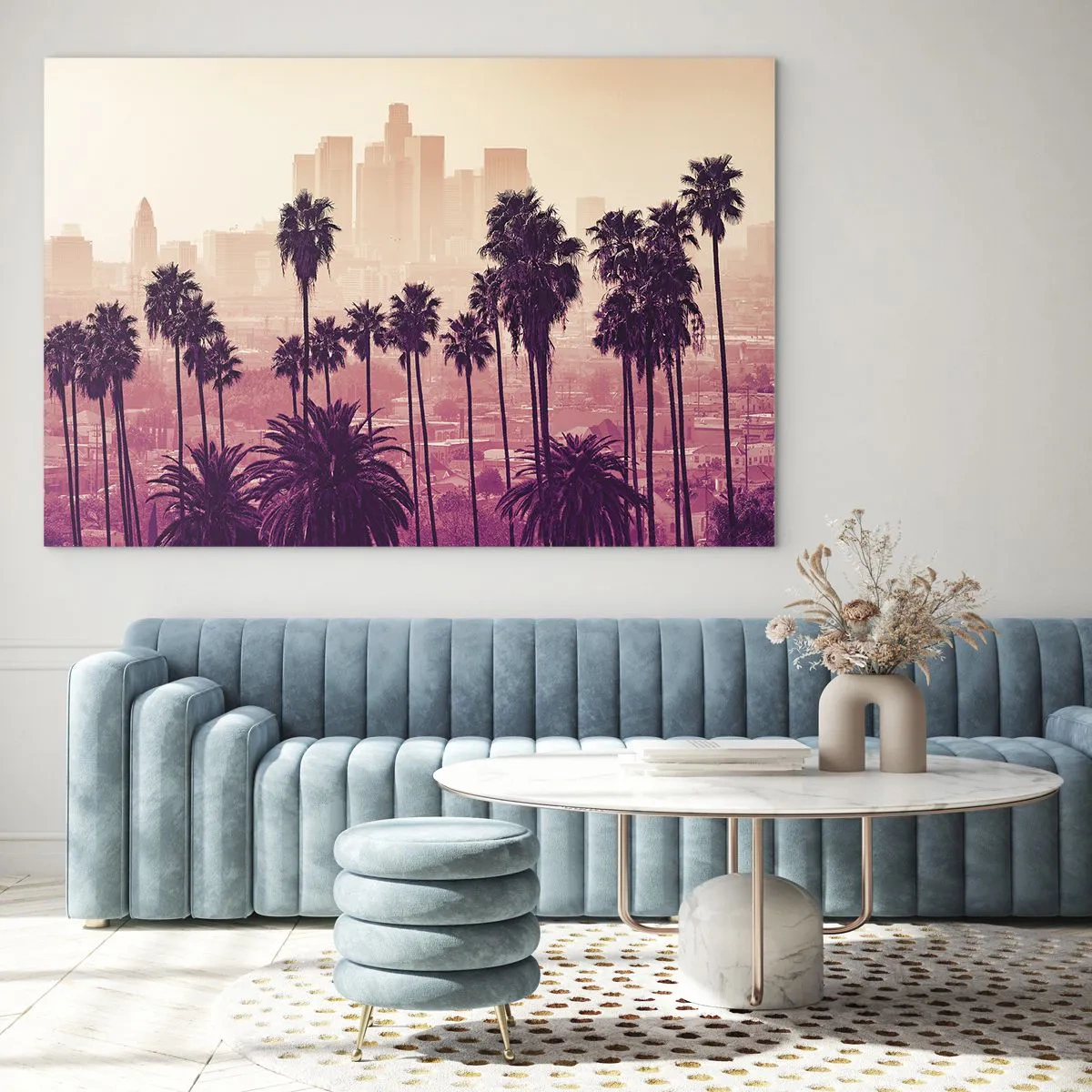 Quadro su vetro - Palme sullo sfondo dello skyline della città nei toni caldi del tramonto - 70x50cm - Paesaggio della California - Decorazione murale moderna per soggiorno e camera da letto ARTTOR