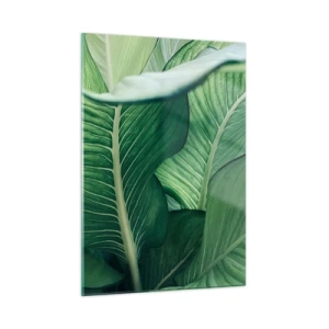 Quadro su vetro - Foglie verdi lussureggianti in primo piano e con luce naturale - 50x70cm - Una vita intensamente verde - Decorazione murale moderna per soggiorno e camera da letto ARTTOR
