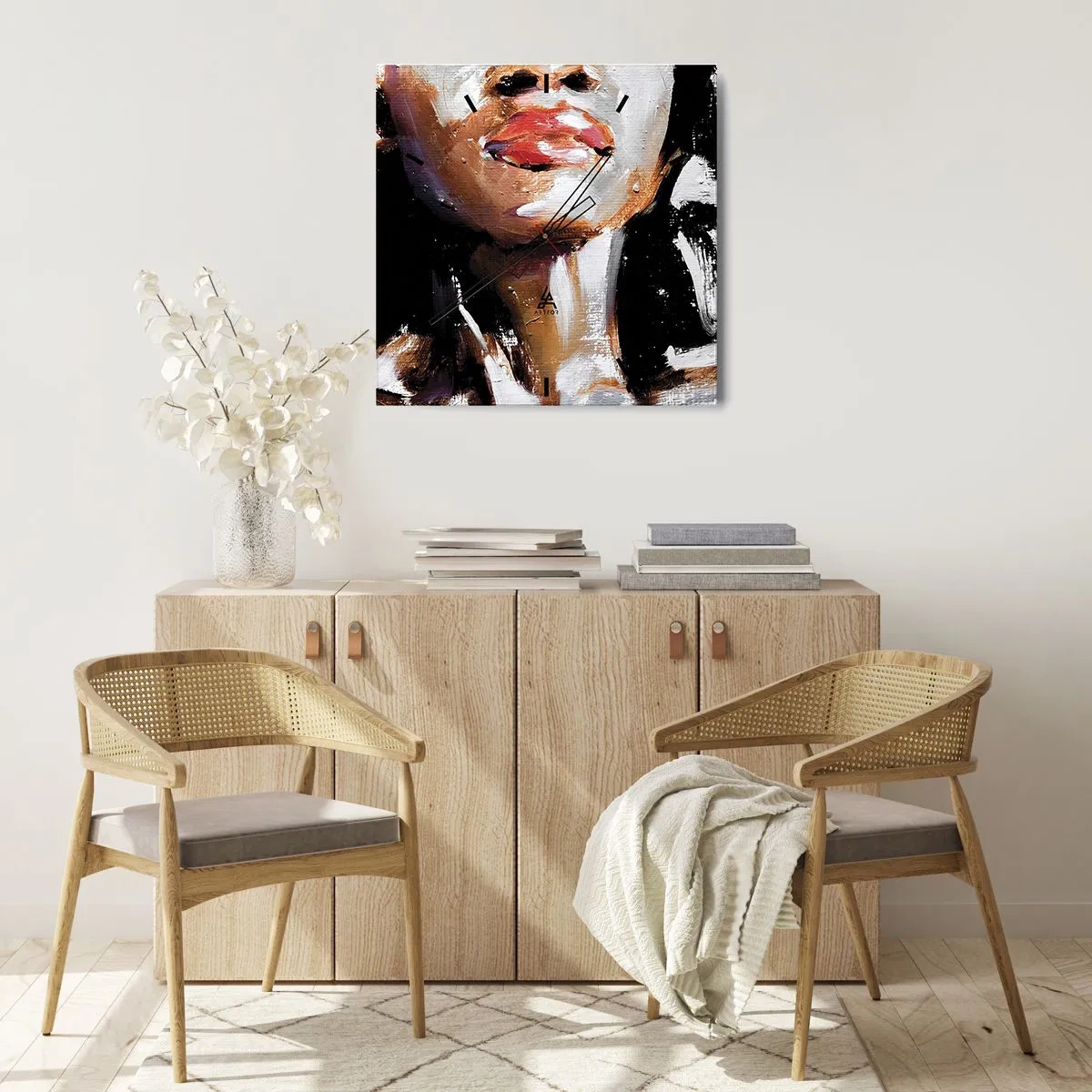 Orologio da parete - Orologio in Vetro - Ritratto di una donna in stile pittorico espressivo su uno sfondo scuro - 30x30cm - Orgoglio senza pregiudizio - Decorazione murale moderna per soggiorno e camera da letto ARTTOR