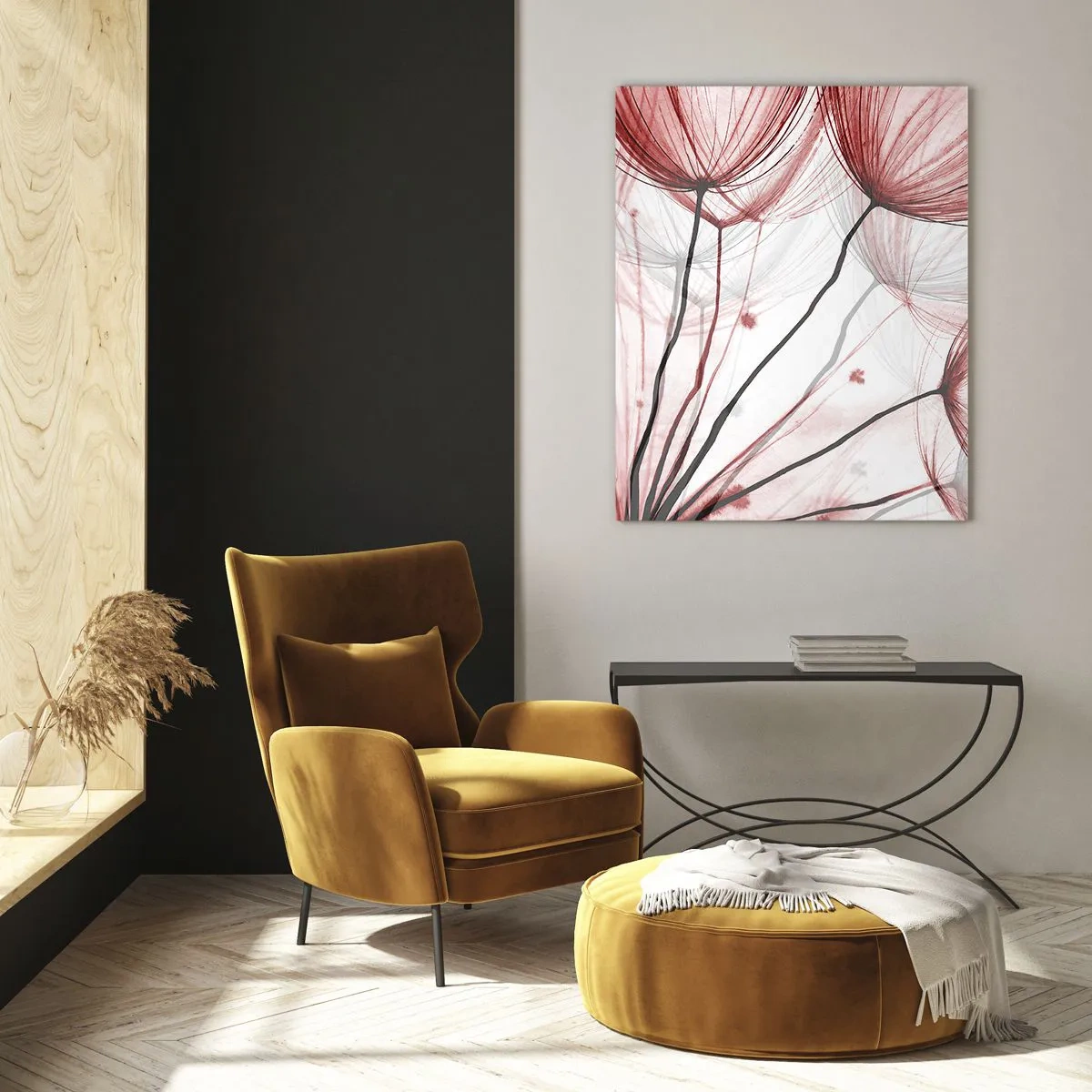 Quadro su vetro - Delicati fiori nei toni del rosso su uno sfondo chiaro - 80x120cm - Prima del decollo - Decorazione murale moderna per soggiorno e camera da letto ARTTOR