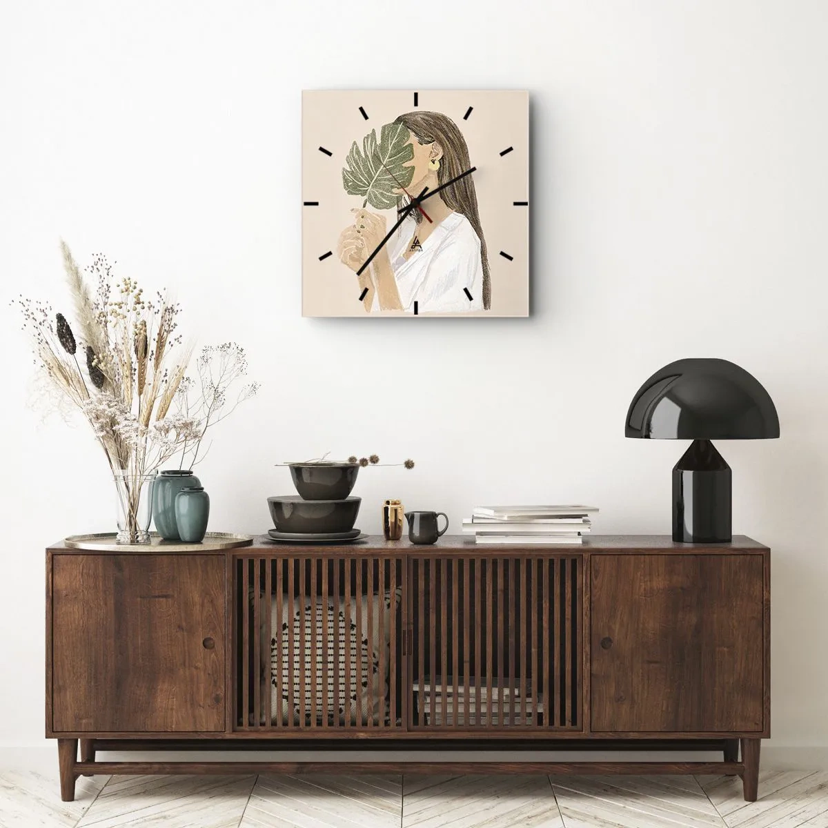 Orologio da parete - Orologio in Vetro - Misterioso ritratto con ventaglio - 40x40 cm