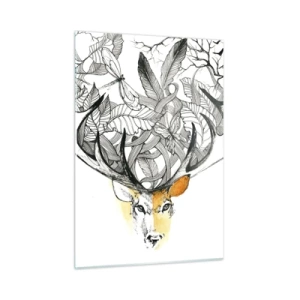 Quadro su vetro - Disegno di un cervo con corna fantasiose - 50x70cm - I corni dell'abbondanza - Decorazione murale moderna per soggiorno e camera da letto ARTTOR