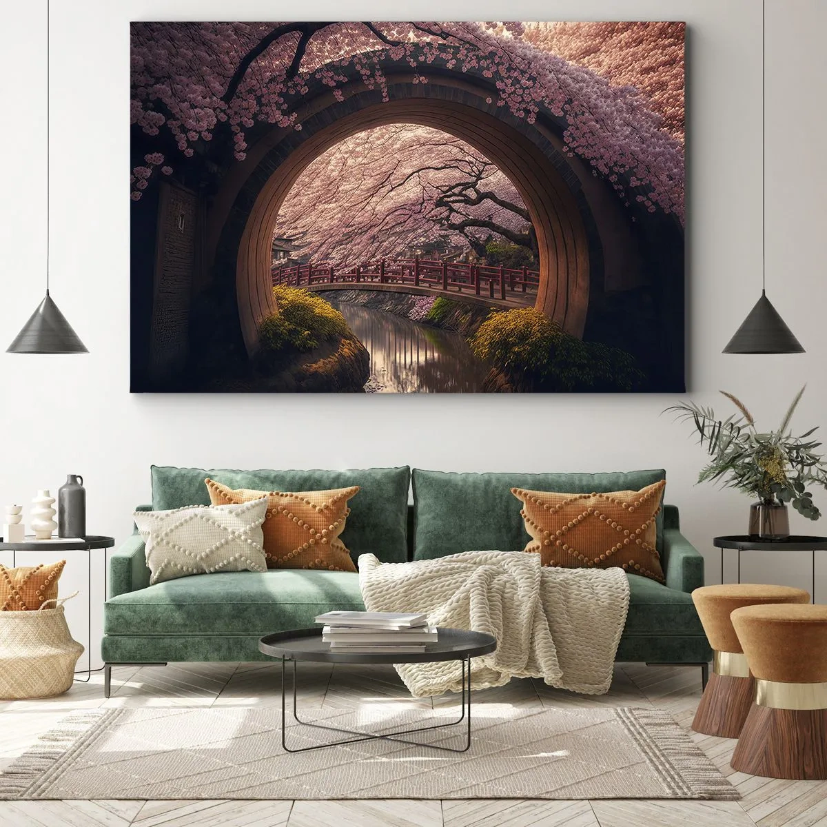 Quadro su tela - Stampe su Tela - Un ponte tradizionale giapponese circondato da fiori di ciliegio - 70x50cm - Primavera giapponese - Decorazione murale moderna per soggiorno e camera da letto ARTTOR