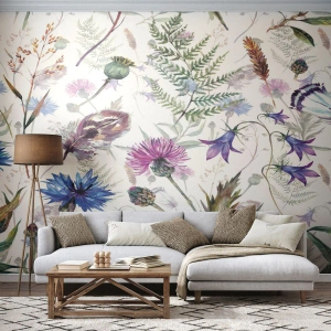 Fotomurali Premium Sand - Fiori e foglie acquerellati su sfondo bianco - 100x70cm - Erbario polacco - Decorazione murale moderna per soggiorno e camera da letto ARTTOR
