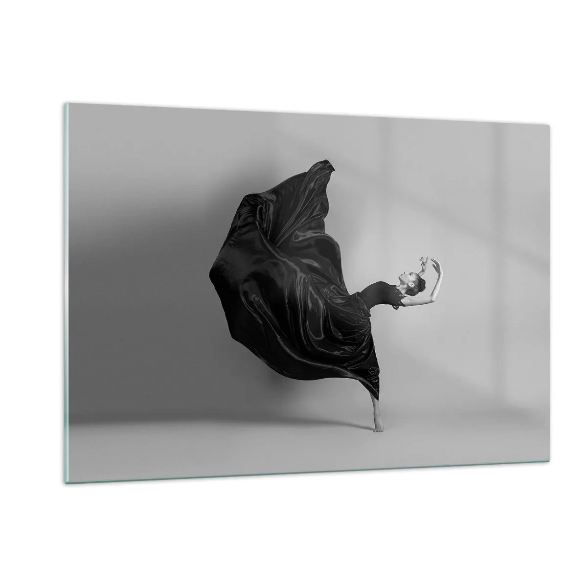 Quadro su vetro - Una ballerina in abito nero che fluttua dinamicamente nell'aria - 120x80cm - Musica alata - Decorazione murale moderna per soggiorno e camera da letto ARTTOR