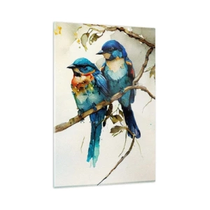 Quadro su vetro - Tre uccelli colorati su un ramo in stile acquerello - 80x120cm - Si è offeso? - Decorazione murale moderna per soggiorno e camera da letto ARTTOR