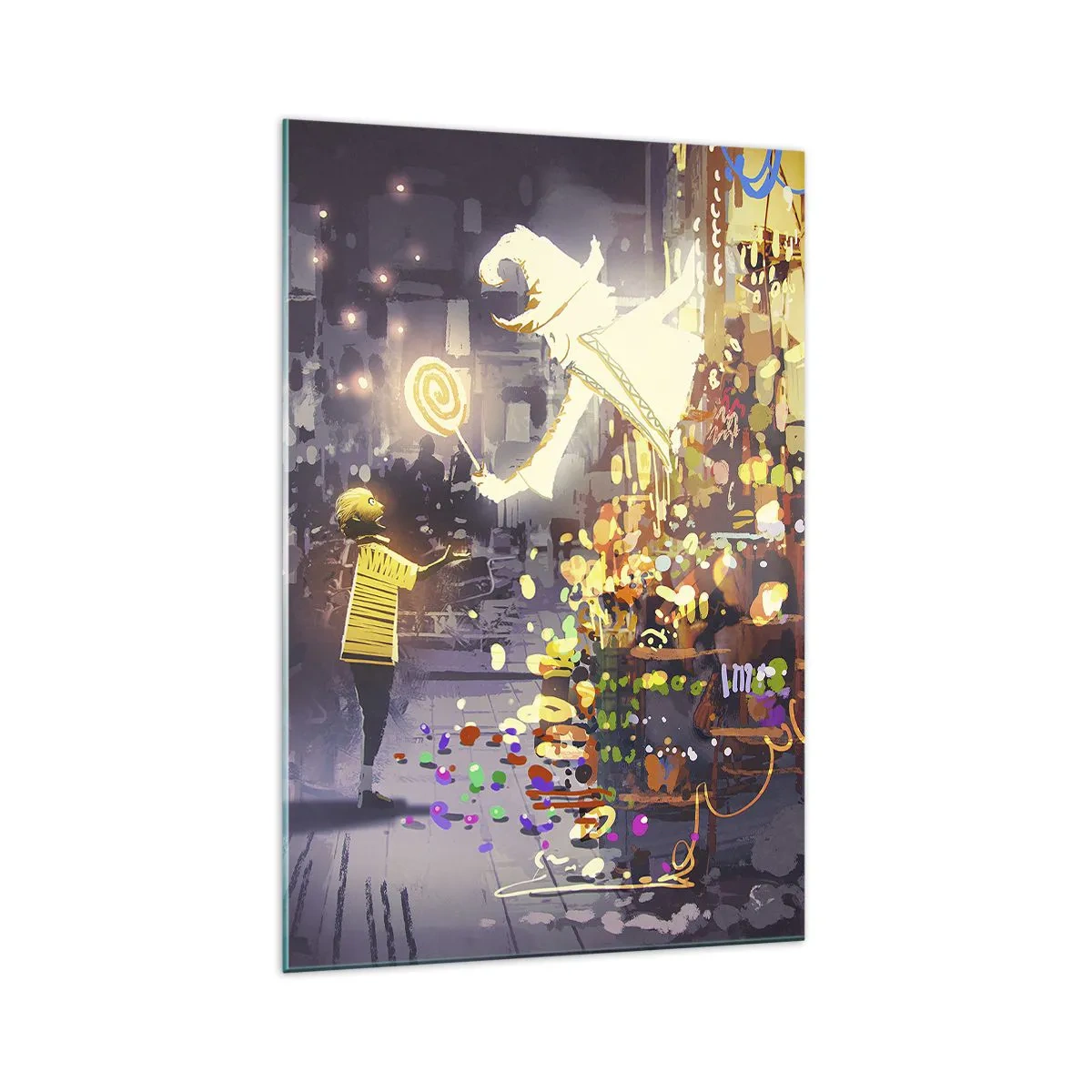 Quadro su vetro - Un personaggio delle fiabe e un bambino in una strada piena di luci e magia - 70x100cm - La magia esiste - Decorazione murale moderna per soggiorno e camera da letto ARTTOR