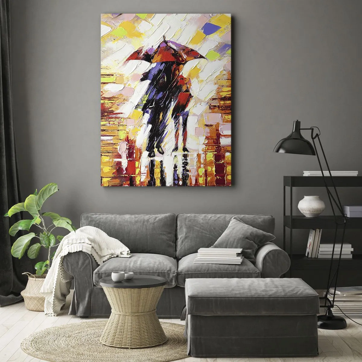 Quadro su tela - Stampe su Tela - Una scena astratta di una passeggiata sotto un ombrello in una notte piovosa. - 50x70cm - Insieme nella notte e nella pioggia - Decorazione murale moderna per soggiorno e camera da letto ARTTOR