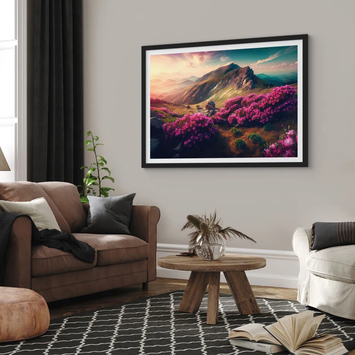 Poster in cornice nera - Paesaggio montano con rododendri in fiore - 100x70cm - L'estate sui monti - Decorazione murale moderna per soggiorno e camera da letto ARTTOR